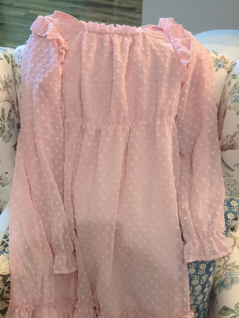 Girls Pink Swiss Dot Long-Sleeve Peasant Dress
